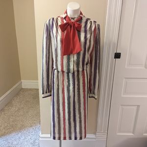 Vintage Impromptu white, red, gray, brown and purple dress w/ tie at neck size L